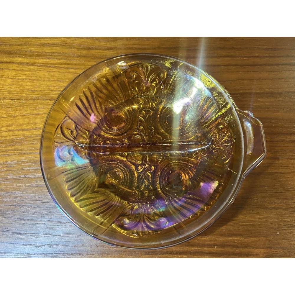 Vintage Amber Iridescent Carnival Glass Round Handled Tray, Pressed Decorative - Picture 2 of 5